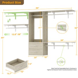 iSunirm Wood Closet System, 4-8ft Closet Organizer System with 2 Wooden Drawers, Walk-in Wardrobe Clothes Rack with 4 Hanging Rods for Bedroom,Living Room, White Oak
