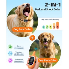 2-in-1 Dog Shock Collar and Bark Collar for Dogs – 3300FT Dog Training Collar with Remote, IP67 Waterproof e Collar with Anti-Bark/Beep/Vibration/Shock Modes for Small Medium Large Dog(8-120Lbs)