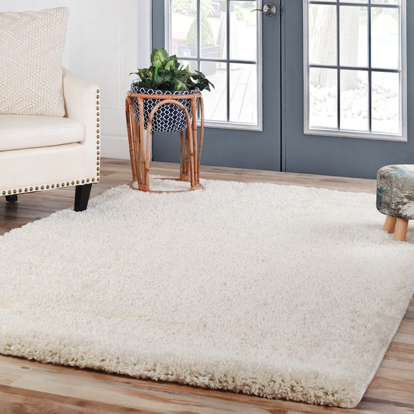 SUPERIOR Indoor Large Shag Area Rug with Cotton Backing, Ultra Plush and Soft, Fuzzy Rugs for Living Room, Bedroom, Office, Playroom, Kids, Home Floor Decor, Berlin Collection, 5' X 8', Ivory