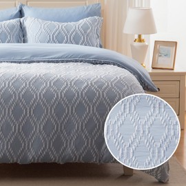 EMME Duvet Cover Set Microfiber, Tufted Twin Duvet Cover Set, Boho Bedding Sets for All Seasons, 2 Pieces Embroidery Chic Duvet Cover Full, 1 Duvet Cover + 1 Pillowcase (Blue & White, Twin)