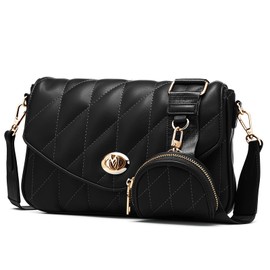 molshine Quilted Women's Crossbody Bags PU Leather Ladies Shoulder Bag Fashion Handbag with Adjustable Strap,Detachable Coin Purse Pouch (Black)