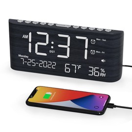 Dual Wooden Alarm Clock for Bedroom,Digital Clock with Weekday /Weekend/Every Day/One Day,Humidity&Temperature,Date,Time,Week,Brightness,Snooze,Phone Charger,Wood LED Desk Clock for Office Home Travel