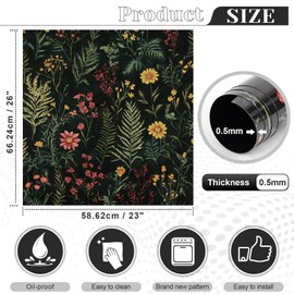 Xuhal 23" W x 26" H Dishwasher Magnet Cover, Vintage Wildflowers Dark Botanical Kitchen Dishwasher Cover Magnetic Sticker Fern Kitchen Fridge Refrigerator Panel Decal Decor