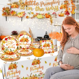 A Little Pumpkin is On The Way Baby Shower Decorations, 142Pcs Little Pumpkin Baby Shower Decorations Little Pumpkin Plates and Napkins,Cups,Banner,Tablecloth for Fall Baby Shower Decorations