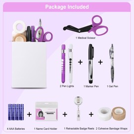 BOVKE 12 Pcs Nurse Tools Set, Medical Supplies Nurse Accessories for Work Includes Medical Scissors, 2 Penlights with Batteries, Bandage Wraps, Name Card Holder Nursing School Essentials, Purple