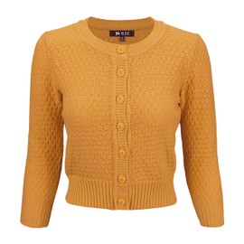 YEMAK Women's Cropped Cardigan Sweater – 3/4 Sleeve Crewneck Basic Classic Casual Button Down Soft Crochet Knit Top MK3514-BRZ-2X