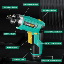 GRENPRO Electric Screwdriver Set Rechargeable, 3.6V Cordless Screwdriver Kit with 44pcs Accessories, 15+1 Torque Settings, 2-Position Handle with LED Light, 5Nm for Home, DIY, Crafts Projects