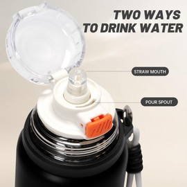 pluseight Stainless Steel Drinking Bottle, 600 ml, Leak-Proof Stainless Steel Bottle with Straw and Lid for School, Children, Women, Men, Leak-proof and Sweatproof with Anti-Dust Lid (Black)