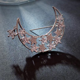 KINMOT Delicate Silver Tone Opens Outline Moon & CZ Stars Brooch with Star tassel Eclipse Jewelry