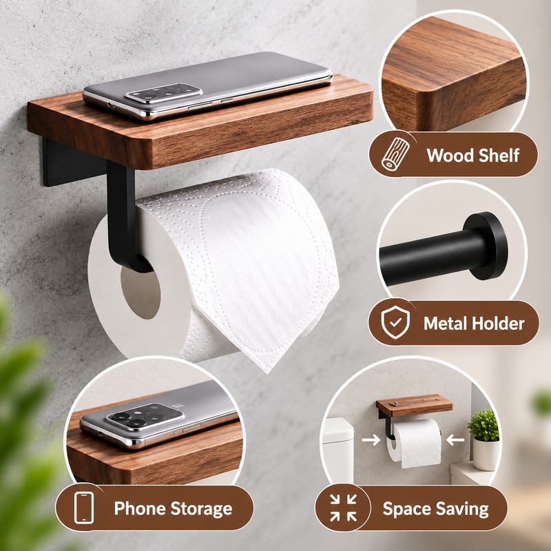 Wooden Toilet Paper Holder Wall Mount – Bathroom WC Roll