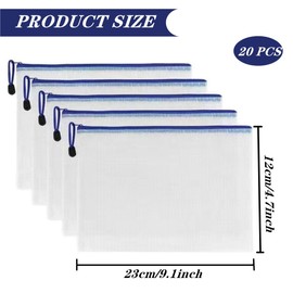 20 Pcs A6 Zipper File Bags,Waterproof Mesh Plastic Pen Pencil File Bags,for School, Office, Business,Papers, Receipts,invoices