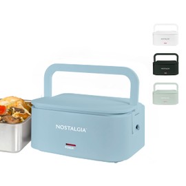 Nostalgia 32-Ounce Heated Electric Lunch Box – Travel Size 4 Cup Capacity for Soup, Pasta, and Leftovers – Leak-Proof Silicone Sealed Lid, Foldable Carry Handle, Detachable Cord – Chambray