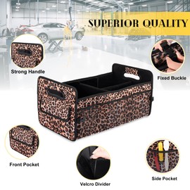 JiatuA Car Trunk Organizer, Car Organizers and Storage Collapsible Multi Compartment Container Box, Adjustable Car Accessories for SUV Sedan Truck, Standard Size, Leopard print