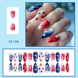 4th of July Press on Nails Long Almond Fake Nails with Independence Day Star Design Full Cover Nude Holiday False Nails Red White Blue Star French Tip Stick on Nail for Patriotic Manicure Decoration