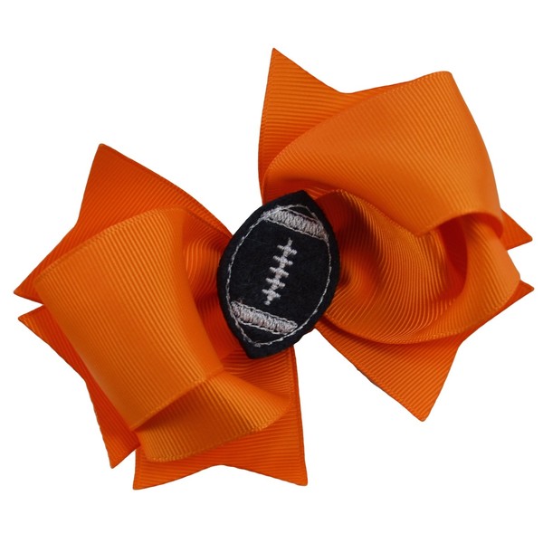 Girls Football Hair Bow 4.5 Inch Embroidered Football Team Hair Bow (Orange Bow with Black Ball)