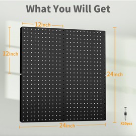 Peg Board, 4PCS Metal Pegboard, Heavy Duty Pegboard Wall Organizer with Frame. Black Pegboard for Walls, Garage, Workbench, Craft Room Tool Organization, Metal Pegboard Panels 12in*12in