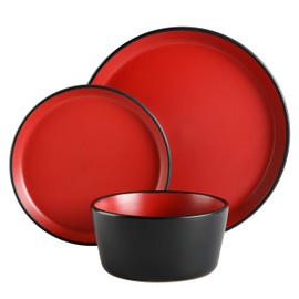 Gibson Soho Lounge Sofia Coupe Stoneware Dinnerware Set, Service for 4 (12pcs), Matte Red