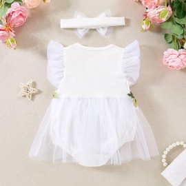 QUNERY Newborn Girl Outfits Ruffled Sleeveless Flower Romper Summer Dress With Headband Clothes Sets White 6-9 months