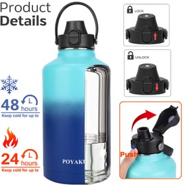 Water Bottle Insulated 64 oz- Straw lid and Auto Spout lid, Leak Proof, Vacuum Insulated, Large Metal Stainless Steel Water Jug Half Gallon Wide Mouth for Sports, Gym, Keep Cold 24H Hot 12H