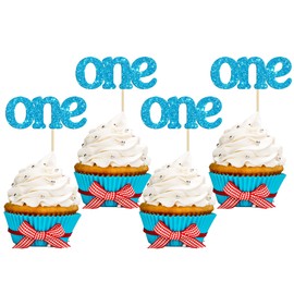 24 piezas de decoración para cupcakes con purpurina para fiesta de primer cumpleaños de bebé, decoración para baby shower, niños y niñas, suministros de decoración para tartas de primer cumpleaños, color azul