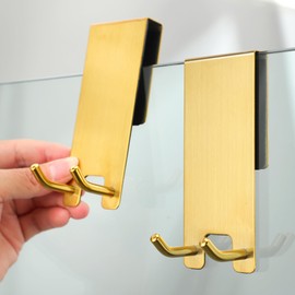 Taozun Shower Door Hooks, Gold Towel Hooks for Bathroom Frameless Glass Door, Shower Squeegee Hooks, 2-Pack, Stainless Steel