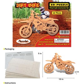 Puzzled 3D Puzzle Dirt Bike Wood Craft Construction Model Kit, Fun Unique & Educational DIY Wooden Toy Assemble Model Unfinished Crafting Hobby Puzzle to Build & Paint for Decoration 60 Pieces Pack