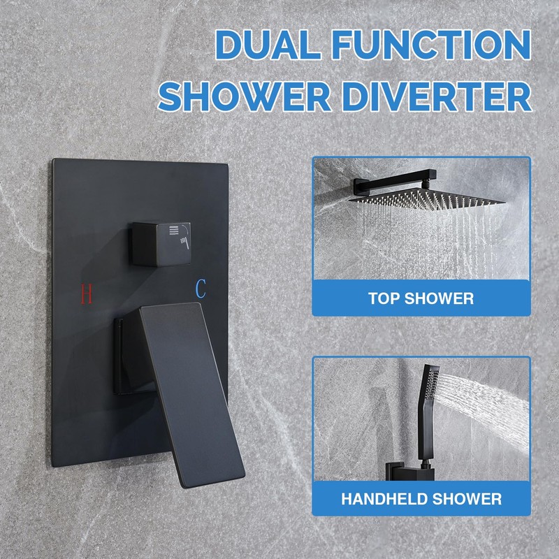 Black shower faucet set, Rain shower Head with Handheld Spray,