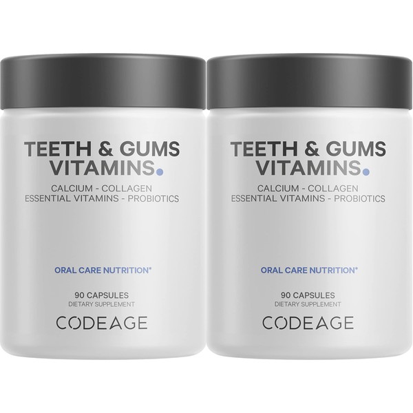 Codeage Teeth & Gums Vitamins + Oral Probiotics Supplement for Mouth - Whole Food Calcium, Collagen, Potassium, Vitamin C, D3, K2, Zinc – Oral Care & Dental Multivitamin Supplements - 2 Pack