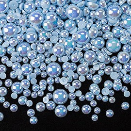 PAGOW 2200Pcs ABS Half Round Pearl, 4MM / 5MM / 6MM / 8MM / 10MM Mix Size Blue Resin Faux Round Shiny Pearls, Resin Flatback Pearl Beads, Faux Round Shiny Pearls for DIY Crafts Decoration