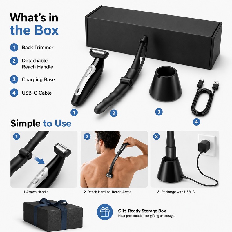 Electric Back Shaver for Men – Detachable Long Handle Body