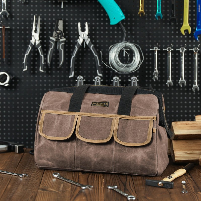 Tool Bag, Durable 16oz Waxed Canvas Wide Mouth Water-Resistant Electrician