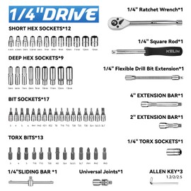 KELIN Socket Wrench Set 94 Pieces,1/4-Inch & 3/8-Inch Drive Socket Set with 72 Tooth Reversible Ratchets, Metric Bit Socket Set and Extension Bar for Auto Repairing and Home Use