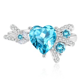 Dreamboat Crystal Blue Heart Rings for Women Sterling Silver Adjustable Rings Bow Ring Love Rings Heart Promise Rings Heart Jewelry