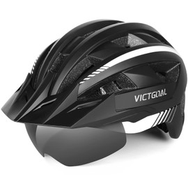 Victgoal Bike Helmet, MTB Mountain Bike Helmet with Magnetic Visor, Removable Sun Visor Cap and LED Rear Light, Cycling Helmet Racing Bike Helmet for Adults Men’s / Women’s (L.: 57 - 61 cm – Black / white)