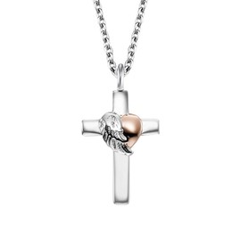 Engelsrufer Women's Necklace Made of Sterling Silver and Cross with Heart Wing Pendant Two-Tone in Silver and Rose Gold – Adjustable in Three Lengths – Length: 44 cm, Sterling Silver, No Gemstone