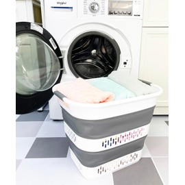 SAMMART 40L (10.5 Gallon) Foldable Plastic Laundry Basket - Collapsible Pop-Up Storage Organizer/Container – Portable Space-Efficient Laundry Hamper (1, White/Steel Grey)