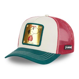 Capslab Snoopy The Peanuts Metal Plate Beige Green Red Trucker Cap, Trucker-Snoopy-Beige#32906