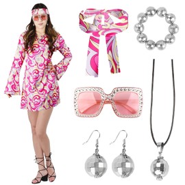 Hippie D1 Women's Hippie Costume, 60s 70s Outfit, Hippie Headband, Headband, Glasses, Necklace, Earrings, Disco Outfit, Hippie Accessories, Women's Dress for Carnival Party