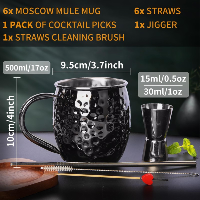 Moscow Mule Mugs- Set of 6 Black Plated 18oz Stainless