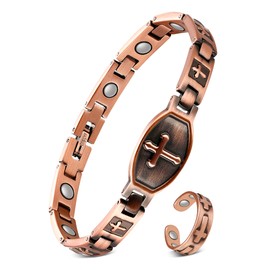 Feraco Pure Copper Bracelets & Rings for Women, Ultra Strength Magnetic Bracelet with 3500 Gauss Magnets, Adjustable with Sizing Tool, Cross Jewelry