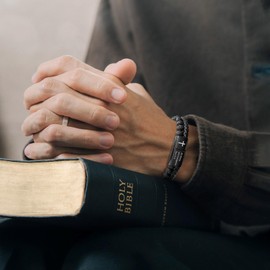 MEALGUET Men's Inspirational Bible Verse Bracelets Be Strong and Courageous Engraved Lava Rock Bead Braided Leather Bracelet Religious Christan Jewelry Gift for Men,Large