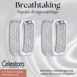 Celestara Jewelry - 925 Sterling Silver Hoop Earrings - European Square Design with 232 Moissanite Stones - 1.1mm Premium Sparkle - Professional Hinged Closure - Gift Box