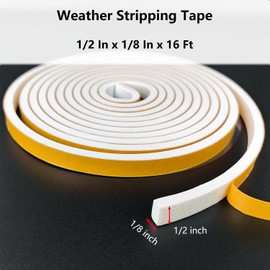 Weather Stripping Door Seal Strip, Strong Adhesive, Weatherproof, Reduce Noise, Gap Filler, Foam Insulation Tape for Doors and Windows (1/2 in x 1/8 in x 16 Ft), White