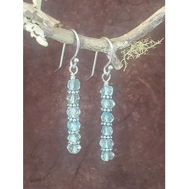 Sterling Silver Aquamarine Natural Gemstone Beaded Bar Dangle Earrings - March Birthstone