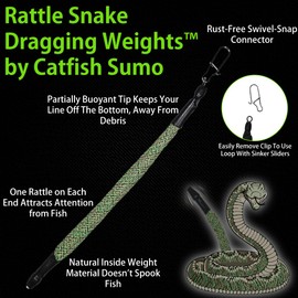 Rattle Snake Dragging Weights, Snagless Sinkers for Dragging, Trolling, and Drifting. Rattles to Attract Catfish (2oz, 5-Pack)