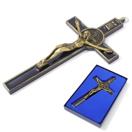 KOMI Crucifix Wall Cross 7.5 Inch Black Enamel Crucifix Wall Hanging Cross -Saint Benedict Metal Wall Art- Catholic Faith Gift for Families Friends