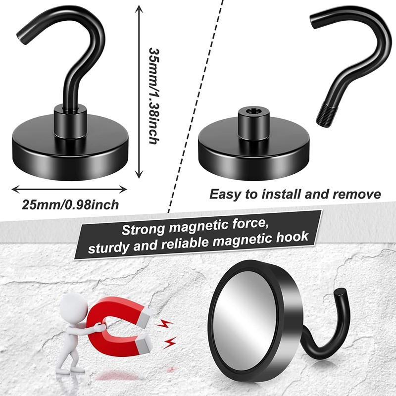 FINDMAG Pack of 6 Magnetic Hooks, Black, 22.7 kg +