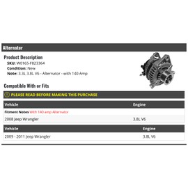 Alternator - 140 Amp - Compatible with 2008-2011 Jeep Wrangler 3.8L V6
