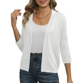 Bettysays Women's 3/4 Sleeve Hollow Out Cropped Cardigan Crochet Knit Shrugs for Women (2X-Large,White)