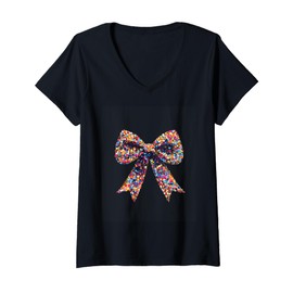 Womens Colorful Dot Bow Graphic Fashion Decor V-Neck T-Shirt